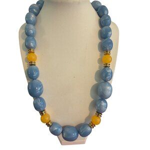 Vintage Blue Yellow Marbled Beaded Necklace Gold Tone Acrylic Screw Barrel 20"